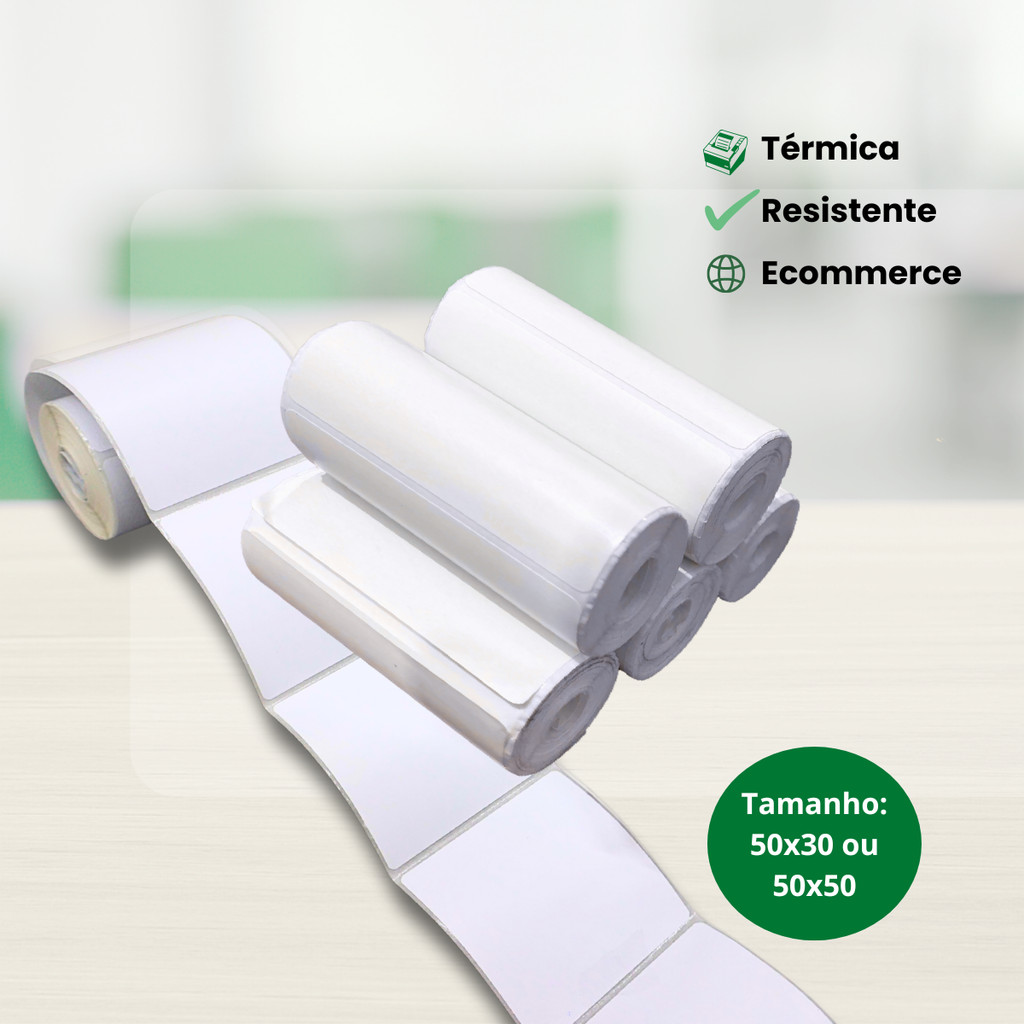 Kit bobina térmica etiqueta adesiva contínua 50x30mm em Oferta na Shopee