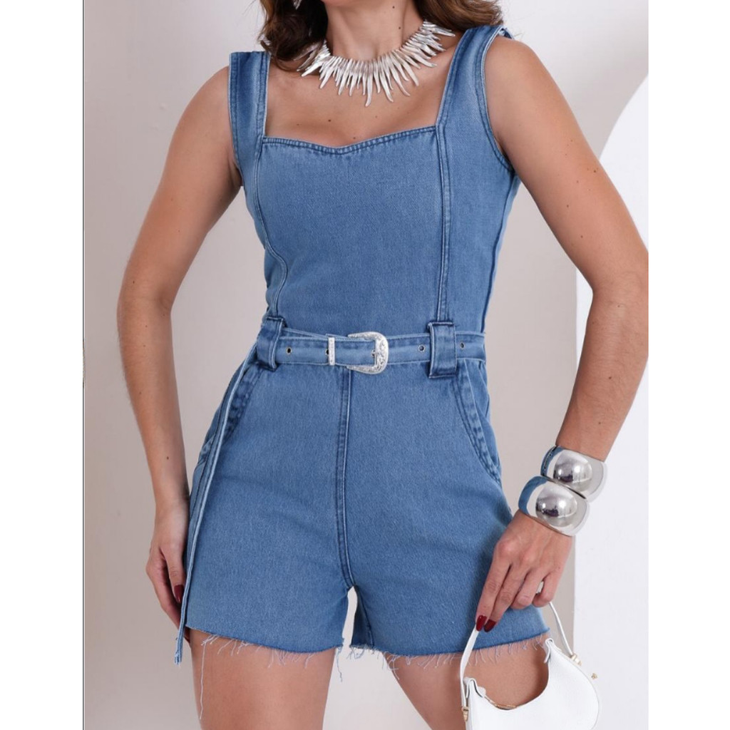 Macacão Jeans Jardineira Jeans Curto Feminina Com Cinto Alça Larga Alta Qualidade