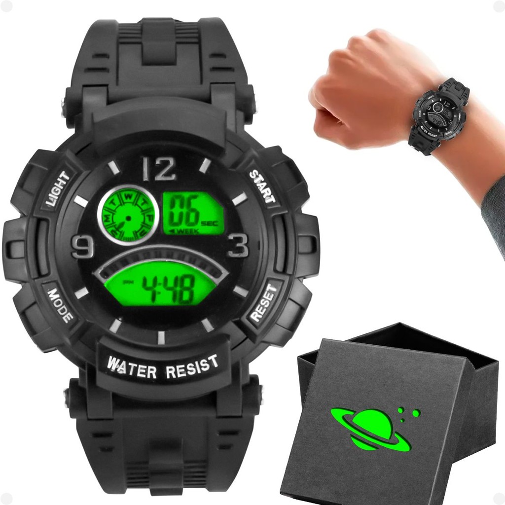 relogio digital led infantil silicone preto criança + caixa KIDS alarme adolescente cronometro data