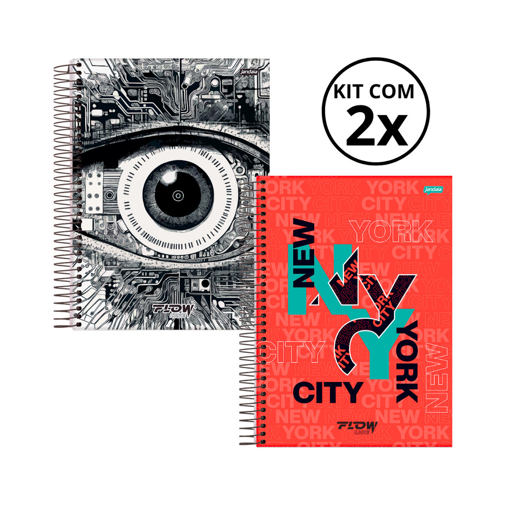 Kit 02 Cadernos Universitário 15 Matérias 240 Folhas Flow - Jandaia CAPA:Olho/Ne