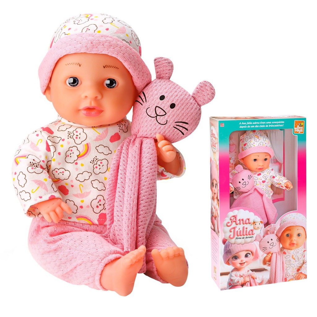 Boneca Bebê Ana Julia Hora De Dormir Menina 34 Cm Com Pijama Rosa E Naninha De Gatinho - Bee Toys
