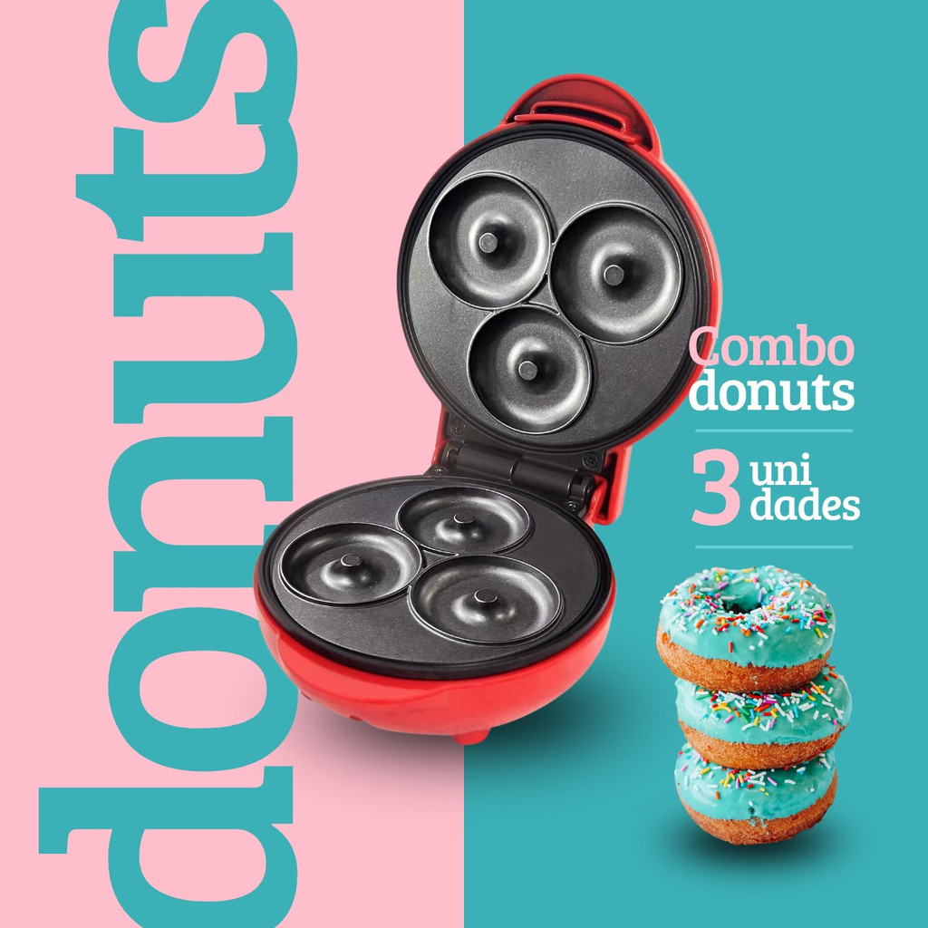 Mini Máquina De Donuts 350W Antiaderente Faz 3 Rosquinhas Por Vez Compacta Ideal Para Café Lanches