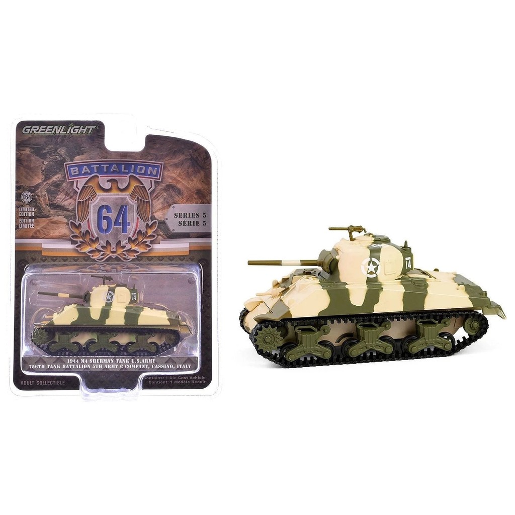 1944 M4 Sherman Tanque de Guerra US Army - Battalion 64 Série 5 - 1/64 - Greenlight