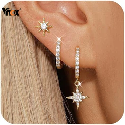 Conjuntos De Brincos 3 Em 1 De Ouro 18K Vnox Para Mulheres , De Argola De Estrela Delicada Hipoalergênicos Huggie Stacks