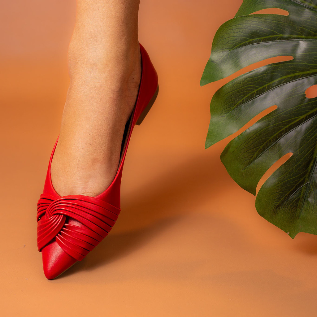 Sapatilha Feminina Napa Vermelho Enfeite Tiras 005X Bico Fino Sapato Casual Confort