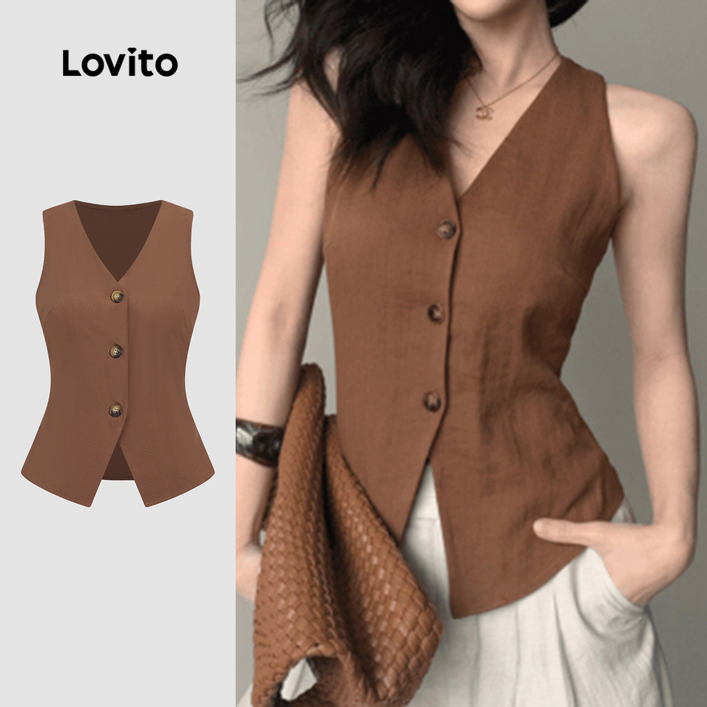 (New) Lovito Elegante Blusa com Botão Superior Simples para Primavera/verão em Marrom Chocolate para Mulheres L143ED024 em Oferta na Shopee