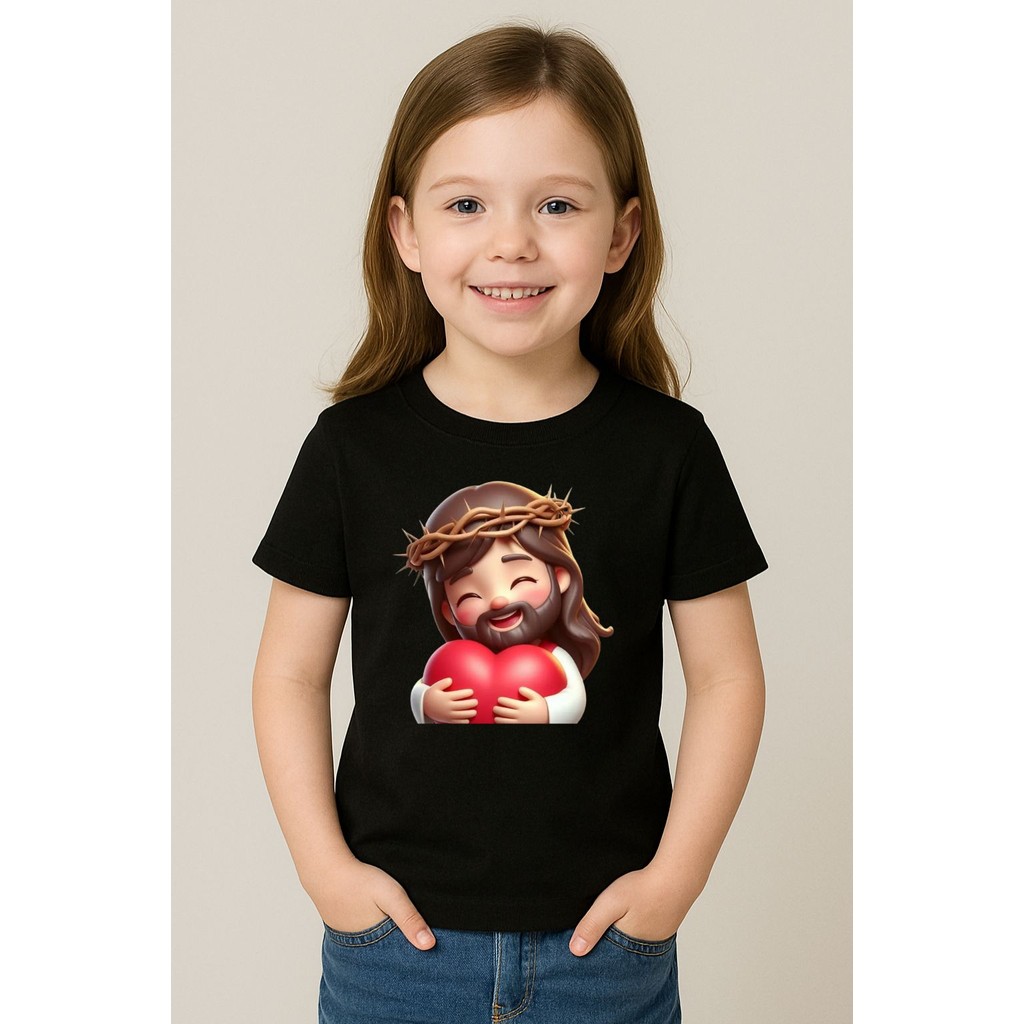 Camiseta Infantil Católica Jesus Cristo com Coração Religiosa Dias Das Criança Presentes