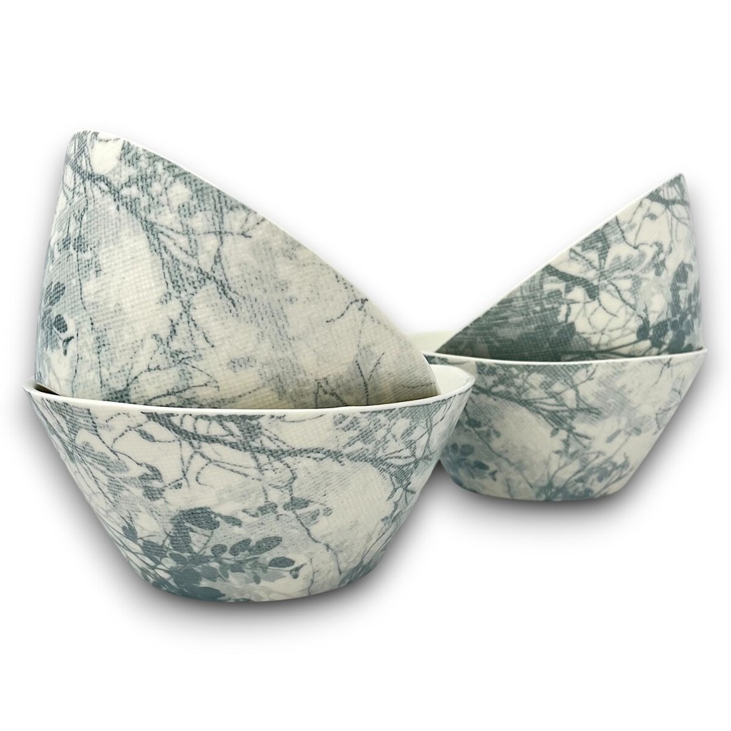 4 Bowl Tigela Cumbuca Cerâmica Folhagem Cinza Azulado Grande