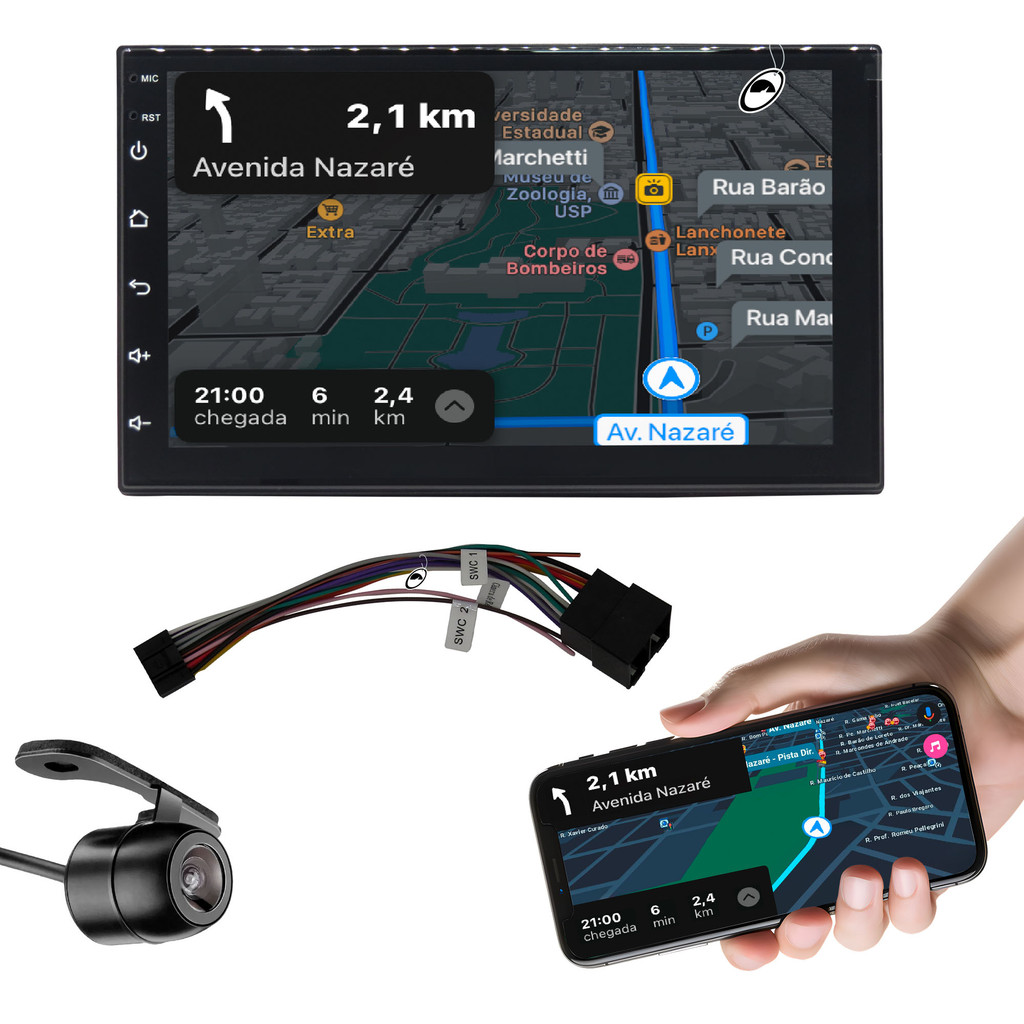 Multimídia 7" H-Tech HT-7240CA QuadCor Android 4GB Ram 64GB + Câmera de Ré