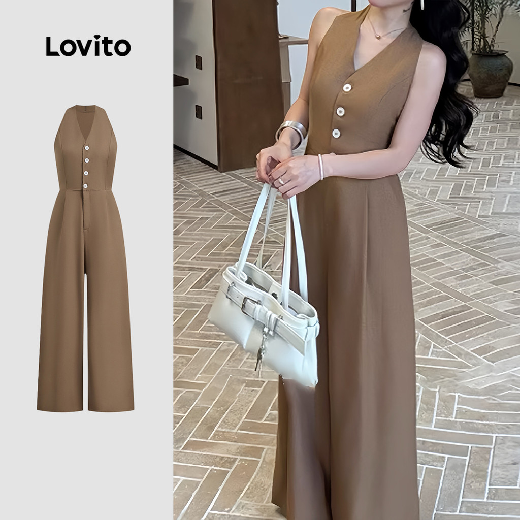 (New) Lovito Macacão Casual com Zíper e Botão Na Frente  Primavera/verão  Marrom  para Mulheres L142ED149 em Oferta na Shopee