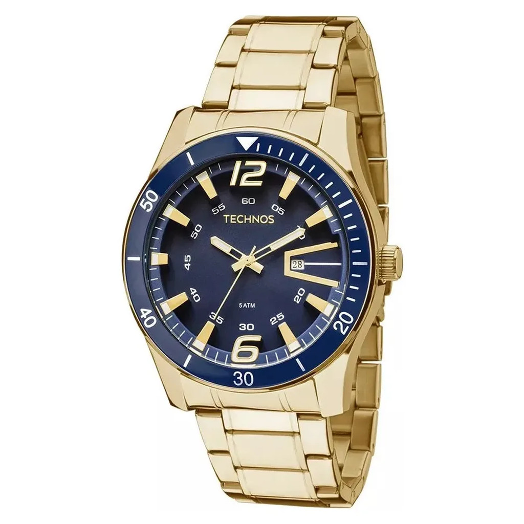 Relógio Pulso Masculino Technos 2115LAJS4A Racer Premium Dourado Fundo Azul Analógico Pulseira Aço Prova D'água 50m