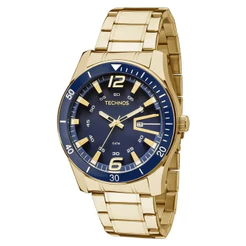 Relógio Pulso Masculino Technos 2115LAJS4A Racer Premium Dourado Fundo Azul Analógico Pulseira Aço Prova D'água 50m