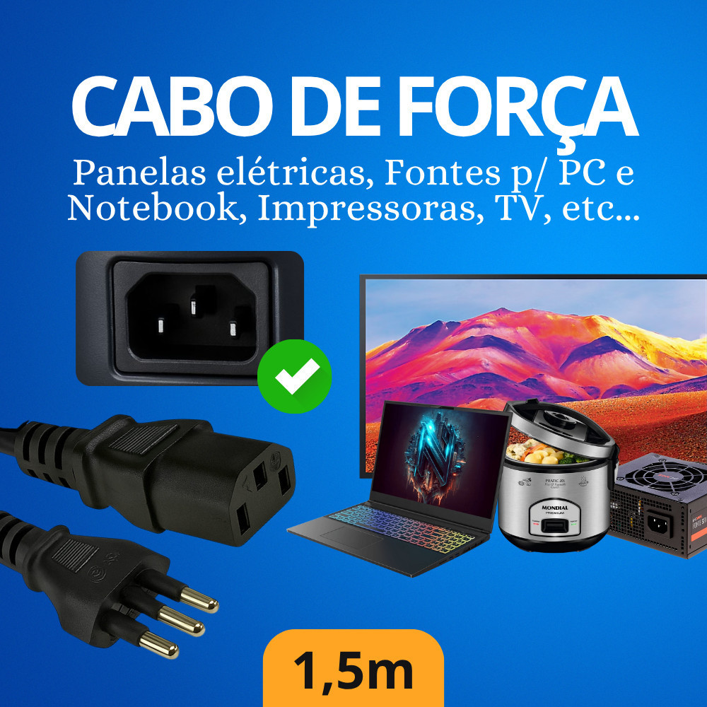 Cabo de Força 3 Pinos 10A 1,5m Cabo Para Panelas Elétricas Panela de Arroz PC TV Impressora