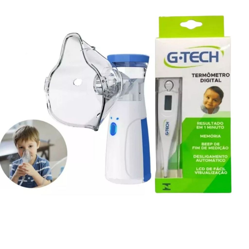 kit nebulizador portatil utrassonico infantil e adulto + termometro digital g-tech