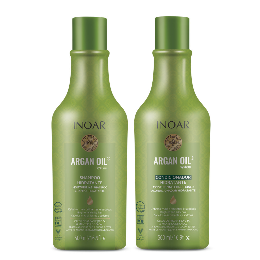 KIT SHAMPOO E CONDICIONADOR INOAR ARGAN HIDRAT 500ML HIDRATAÇÃO ÓLEO DE ARGAN E VITAMINA PARA BRILHO