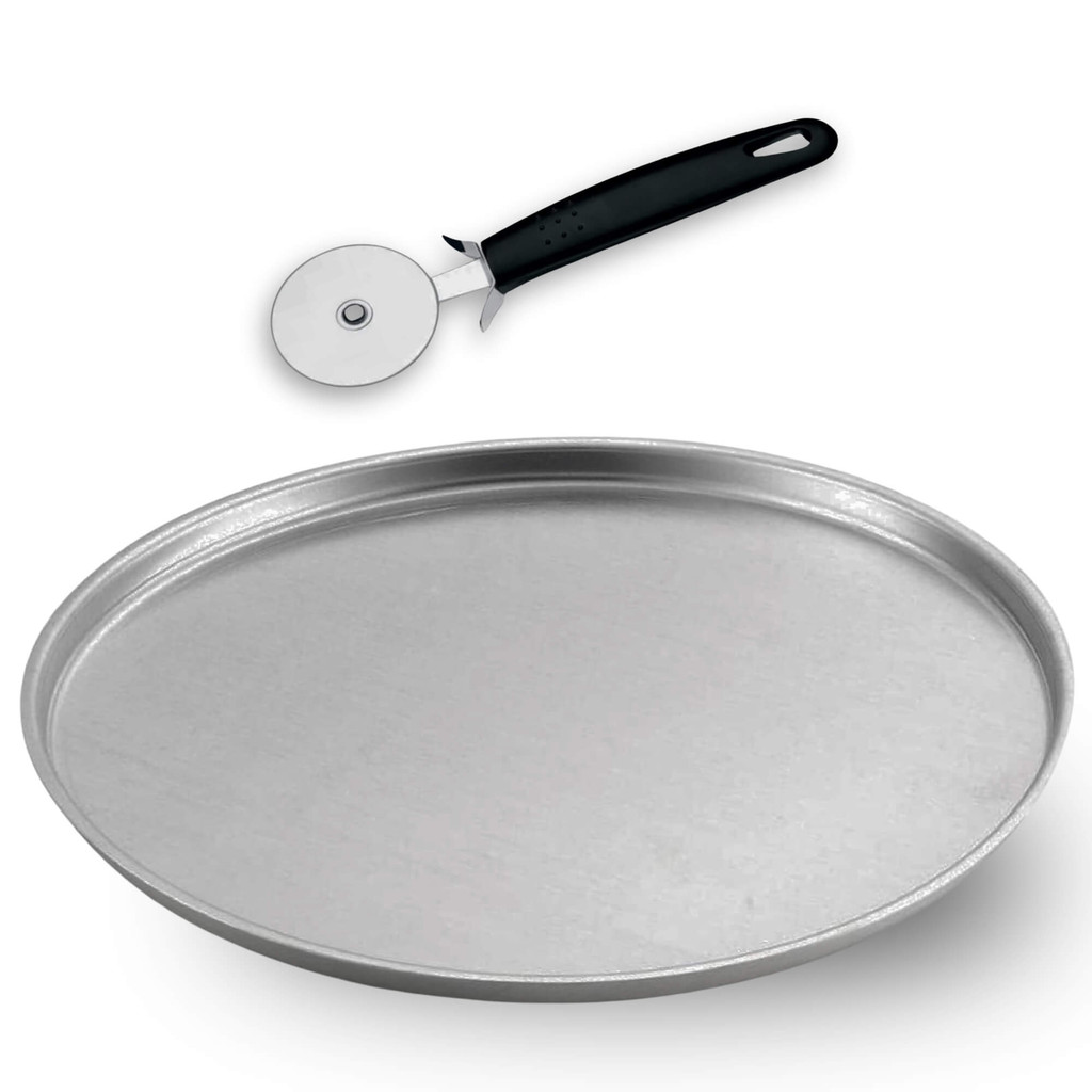 Kit Forma de Pizza Lisa 30cm Alumínio + Cortador de Pizza Brinox Linha Asti em Oferta na Shopee
