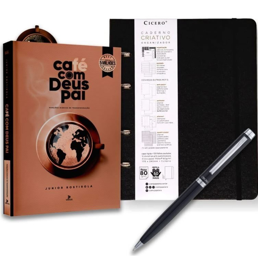 COMBO CAFÉ COM DEUS PAI 2025+CADERNO CRIATIVO ARGOLADO PAUTADO PRETO+CANETA CROWN TOP