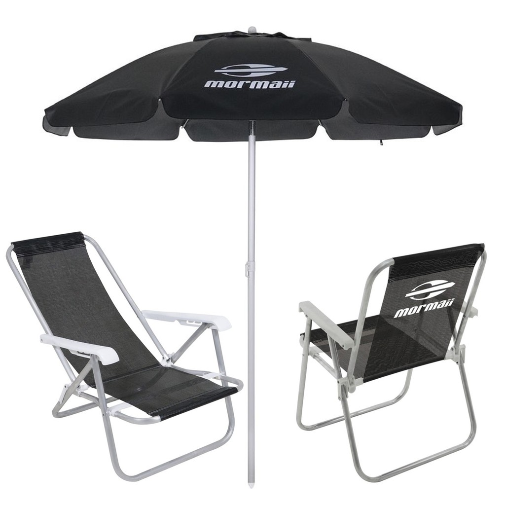 Kit 2 Cadeiras Alta e Reclinável Alumínio + Guarda Sol Bagum 2m Preto Mormaii - Belfix