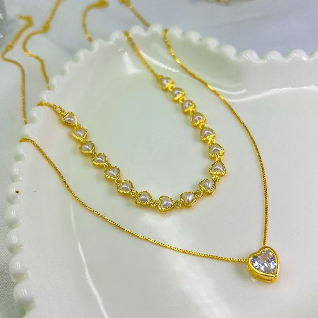 KIT 2 Choker Colar de pérolas de coração + Colar Com coração Ponto De Luz banhado a prata a ouro 18K