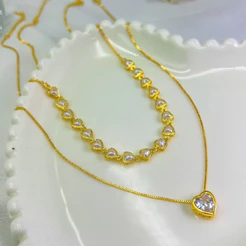 KIT 2 Choker Colar de pérolas de coração + Colar Com coração Ponto De Luz banhado a prata a ouro 18K