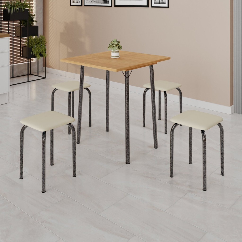 Conjunto Mesa Dobrável com 4 Banquetas Bali Creme/Mart Prata