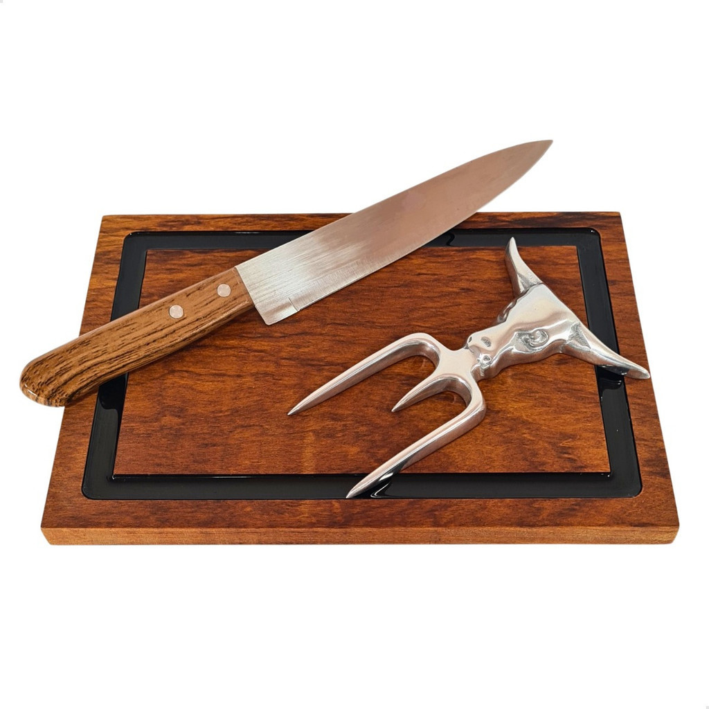 Kit De Churrasco Personalizado Faca Garfo Tridente Tábua Canaleta Resina Profissional Chef Presente