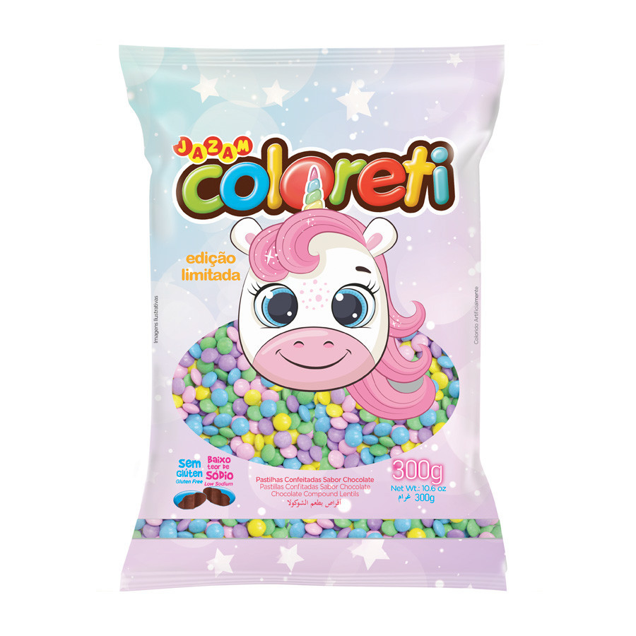 Pastilhas Confeitadas Sabor Chocolate Coloreti Unicornio - 300g - 1 unidade - Rizzo
