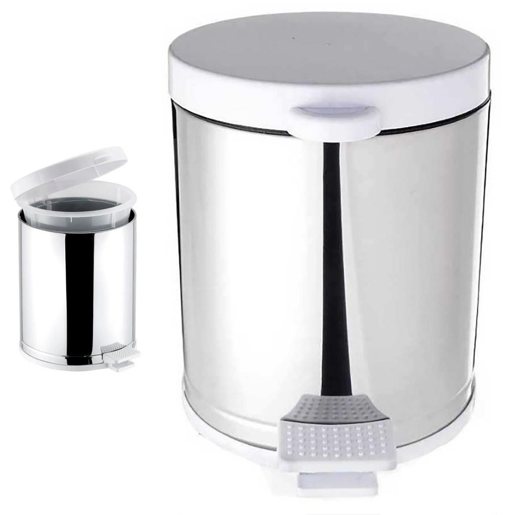Lixeira Inox P/ Banheiro e Cozinha C/ Pedal e Recepiente em Plástico Tampa de Plástico Branca 4,5L