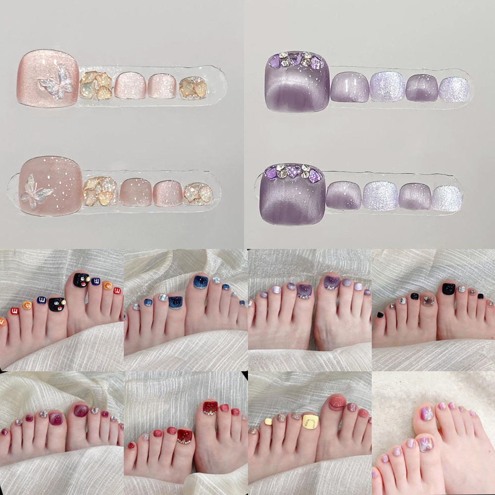 100% HANDMADE Artificial Fake Toe Nails Set Com Cola Completa Diamante Gems Colorido Brilhante vários estilos pressione em Nails Para dedos Reutilizável e Removível Fake Toenails Set