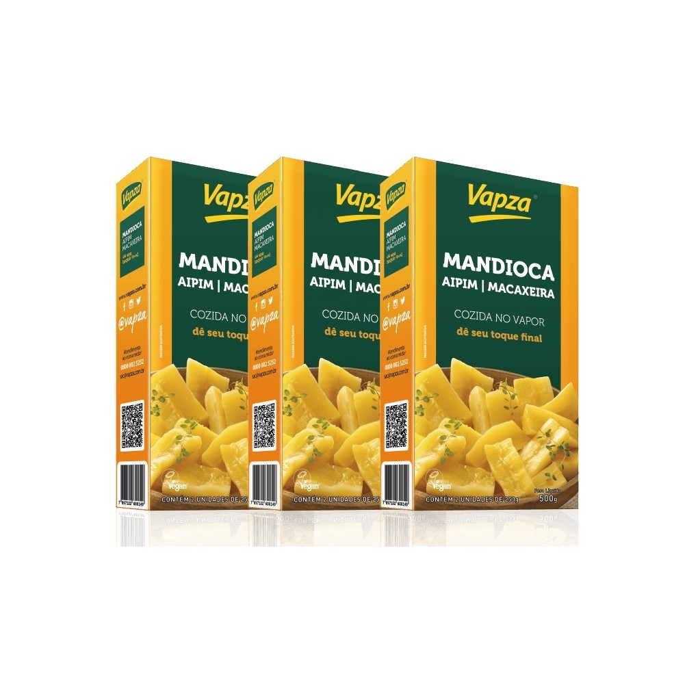 Kit 3 Mandiocas Aipim Cozida no Vapor 500G Vapza em Oferta na Shopee