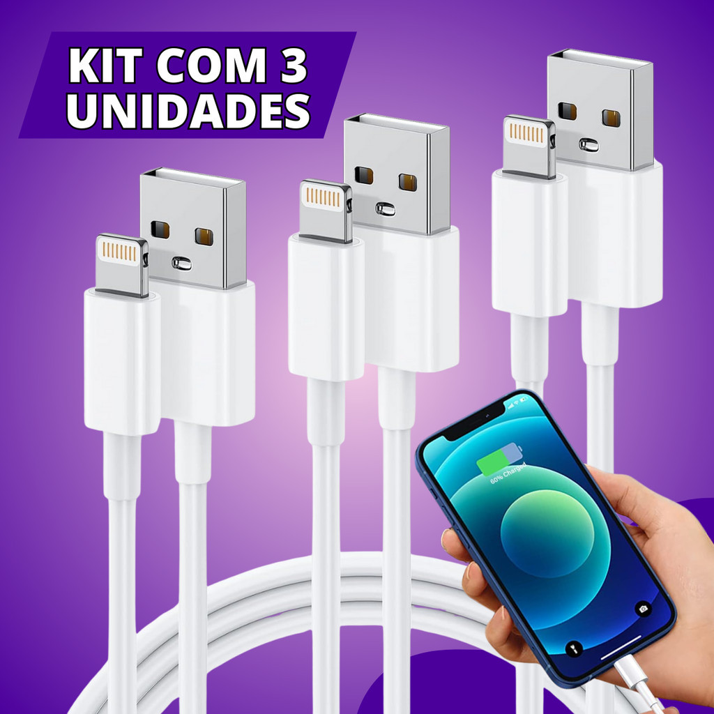 Kit Cabo Carregador Turbo Celular USB Compatível Com Lightning 1m - Escolha Seu Kit