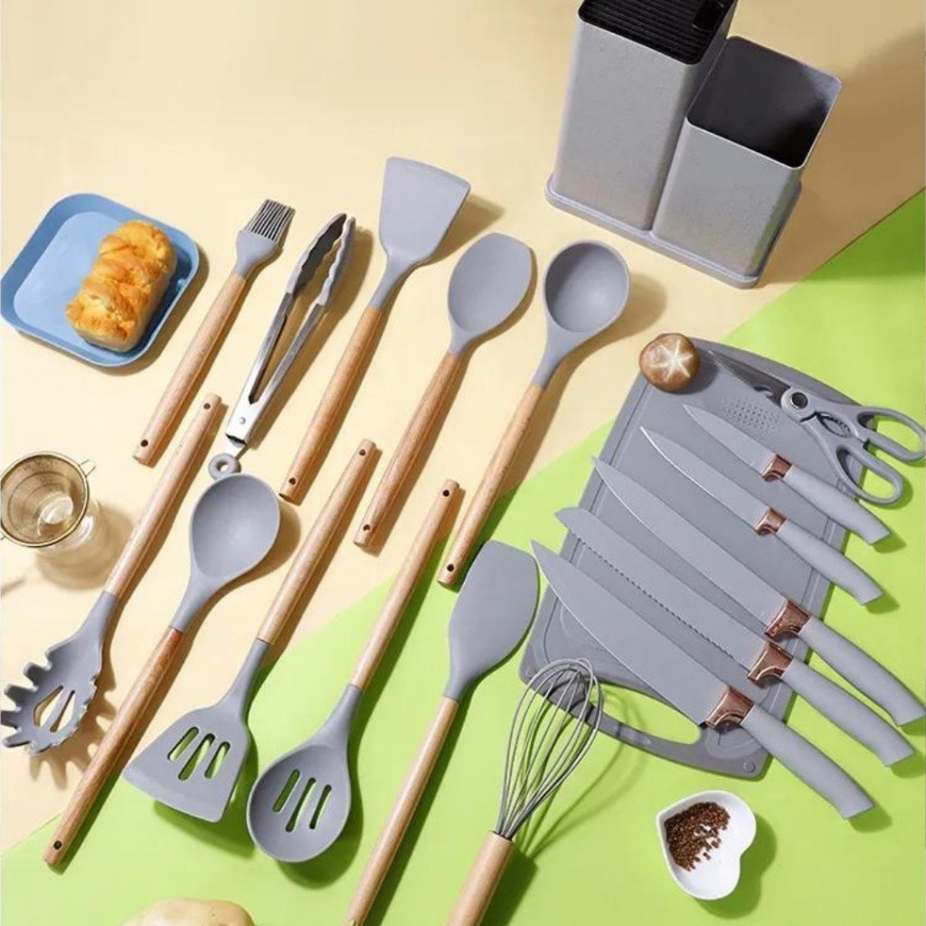 Kit Completo Jogo Utensílios de Cozinha Luxo 19 Peças Com Tábua em Silicone Espátula Faca Tesoura