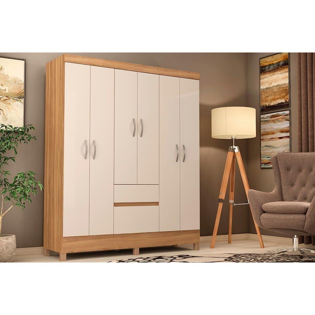 Guarda Roupa Solteiro 6 Portas e 2 Gavetas Flash II Amêndola/Off White - Demóbile - Home & Living