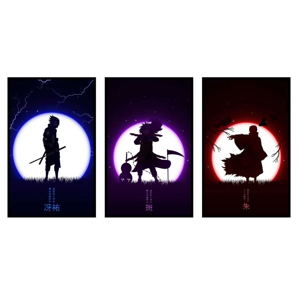 Quadro Decorativo 3 Peças Sasuke Uchiha Madara Uchiha Itachi Uchiha Naruto Shippuden Decoração Casa Sala Quarto