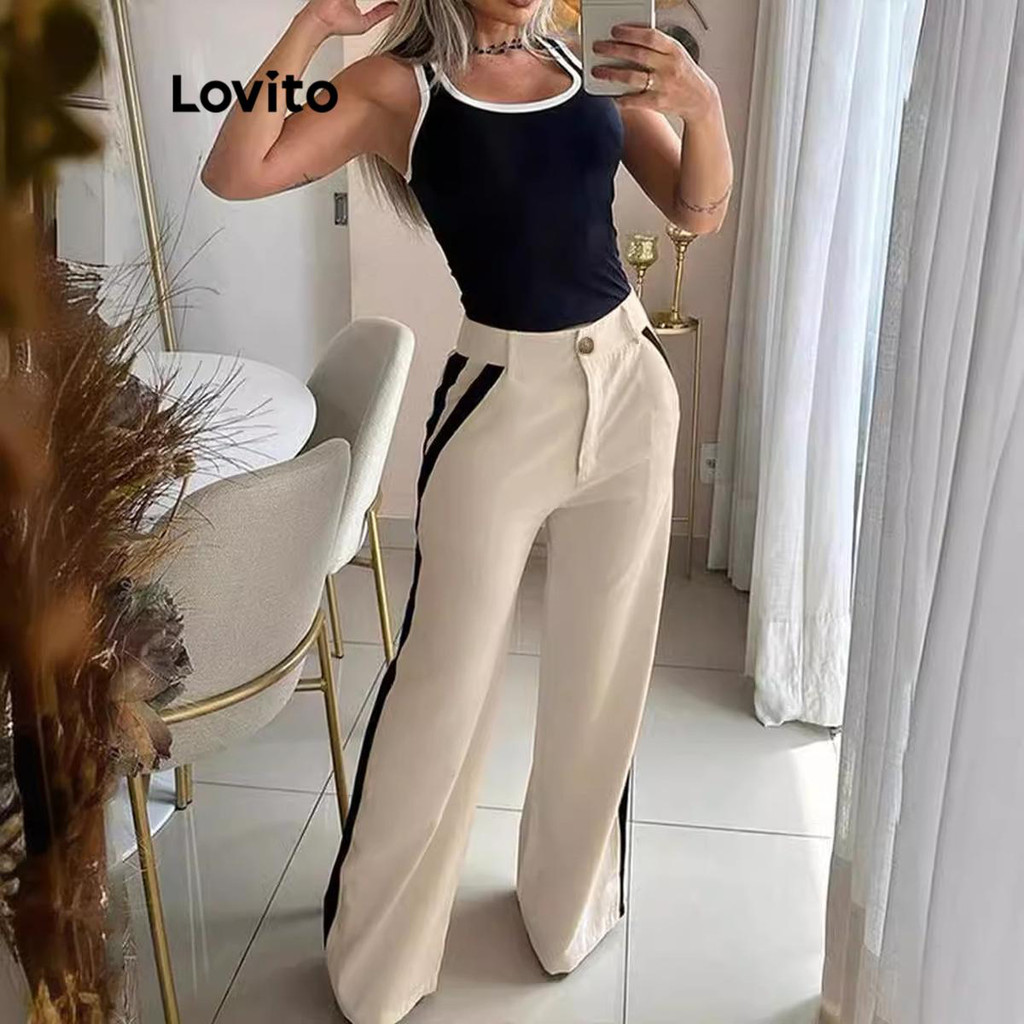 (Trendy) Lovito Conjuntos De Calças Elegantes Conjuntos De Calças De Amarração De Contraste Liso Para Mulheres LNL67157 - Women Clothes
