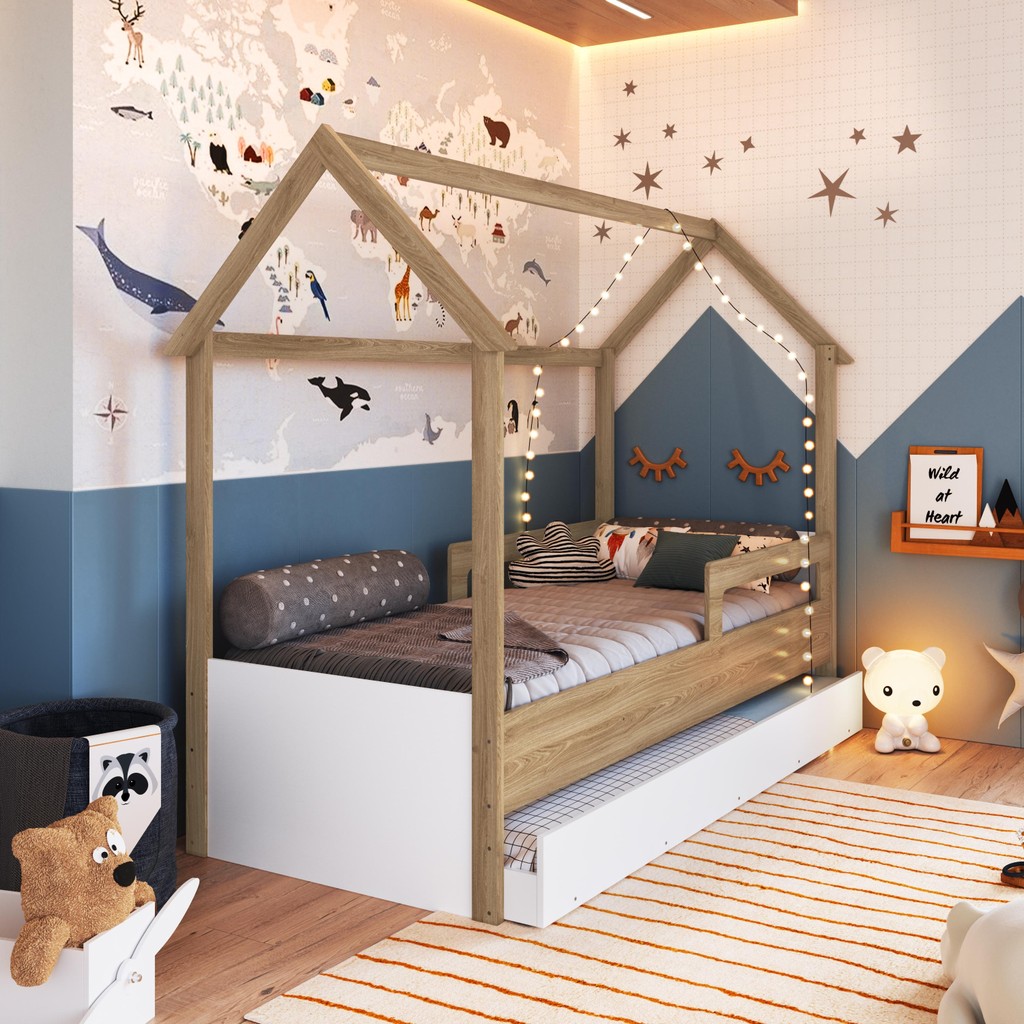 Detalhes do Cama Infantil Montessoriana Bicama Solteiro Menino/a Proteção Lateral Cama Auxiliar Aveiro/Branco