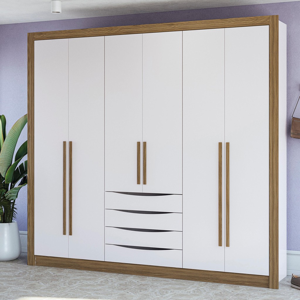 Guarda-Roupa Casal 100% MDF Kappesberg 6 Portas 4 Gavetas Branco/Nogueira - Home & Living