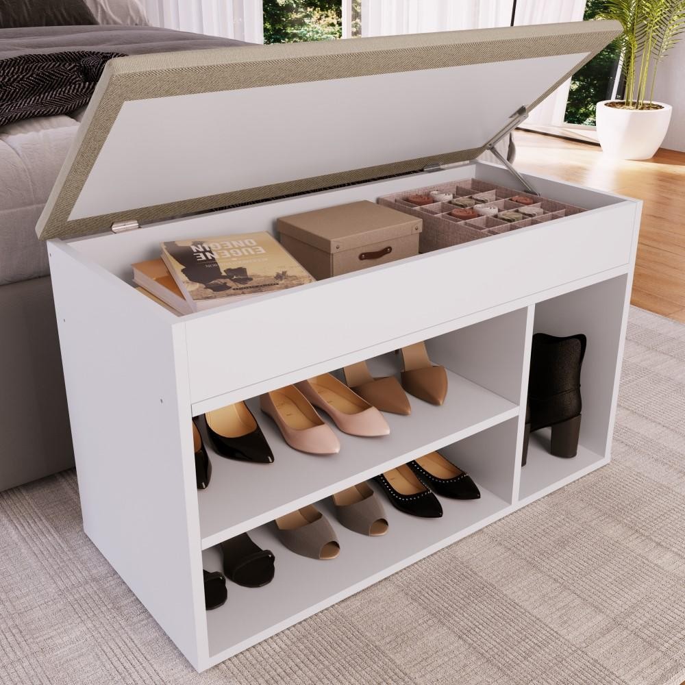 Sapateira Baú Puff Estofado Baixo Com Tampa 3 Nichos Prateleira Organizador Multiuso Branca em Oferta na Shopee