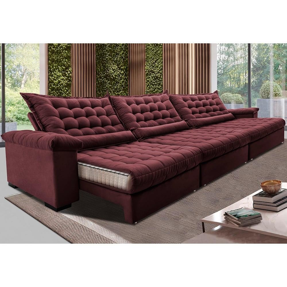 Sofá Retrátil e Reclinável 3,85m Molas Ensacadas Cama inBox Big Space com Bordado 3D Velusoft Vinho - Home & Living