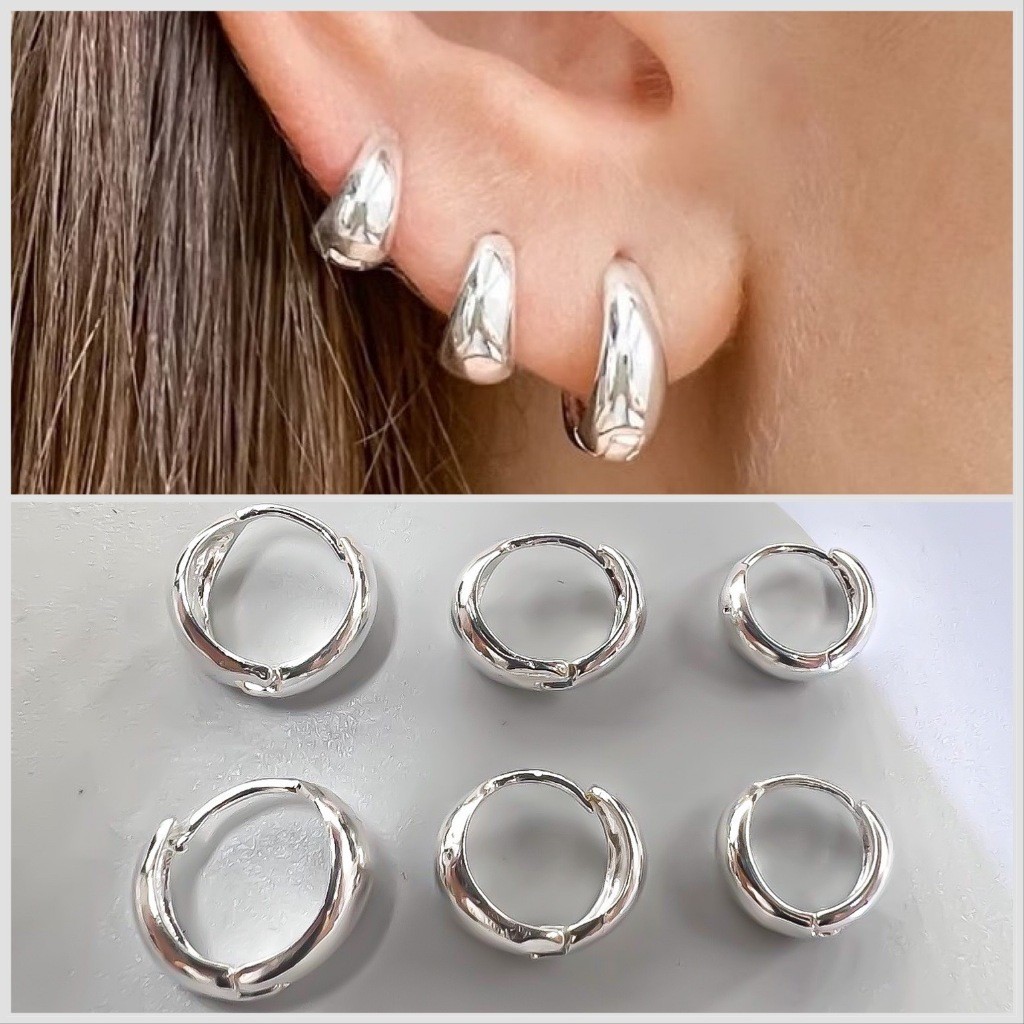 Detalhes do Trio Brinco de Argola Click Lisa Ouro 18K a prata 925 Antialérgico com KIT 3 pares branco