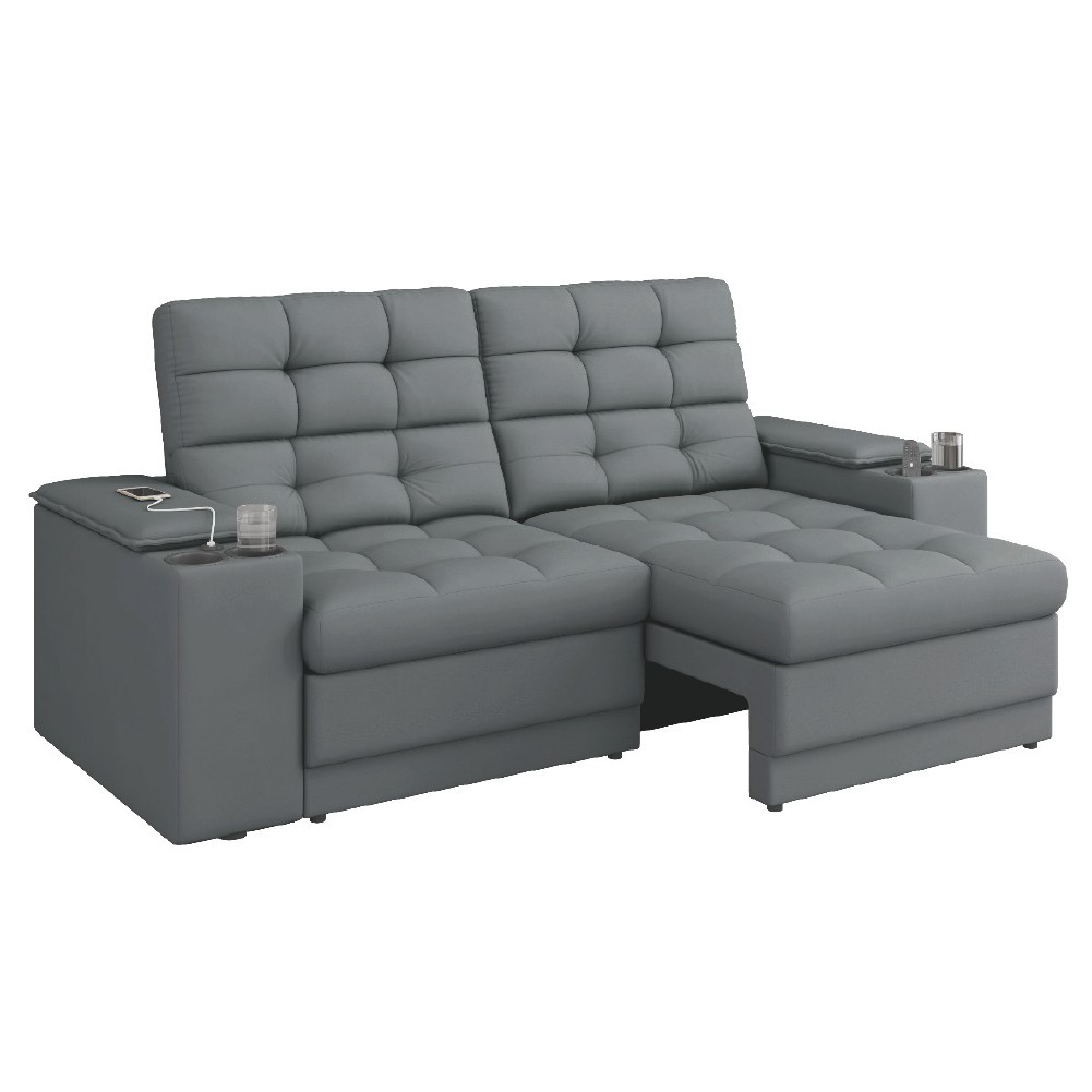 Sofá Retrátil e Reclinável 2,05m 3 Lugares Com Porta Copos Entrada USB Kansas Veludo Cinza Luizzi em Oferta na Shopee