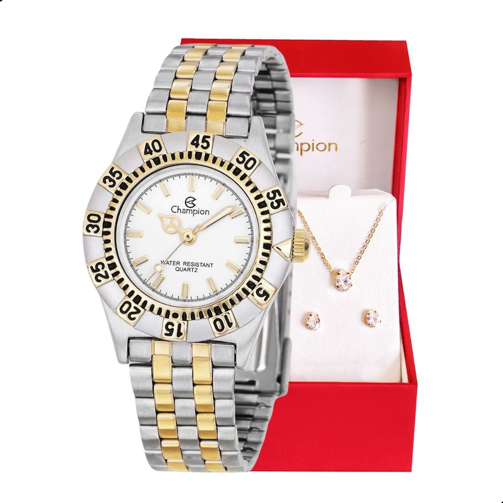 Relógio Feminino Champion Analógico Bicolor Mãe Barato Estilo CH38039A Kit Colar e Brincos - Watches