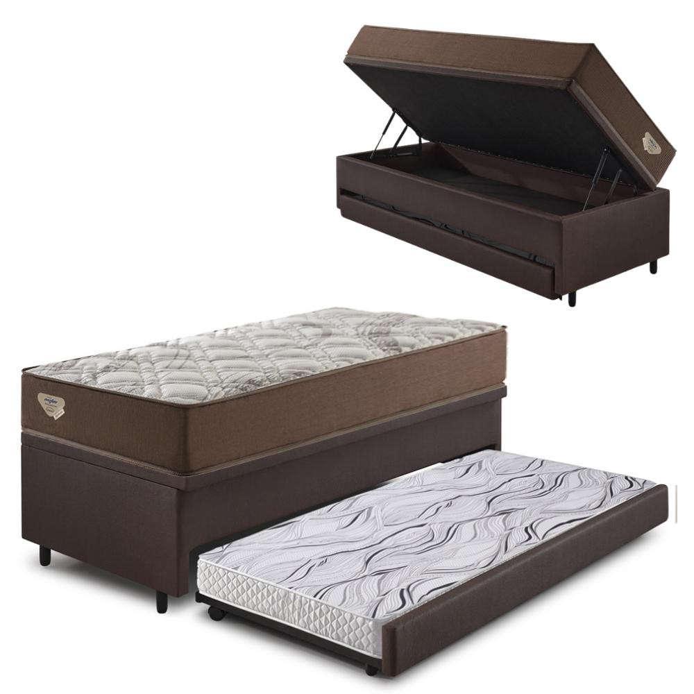 Bicama Box Baú com Courino Linho Marrom 120x203 com Colchão Relax Adorabile Molas Ensacadas Ecoflex