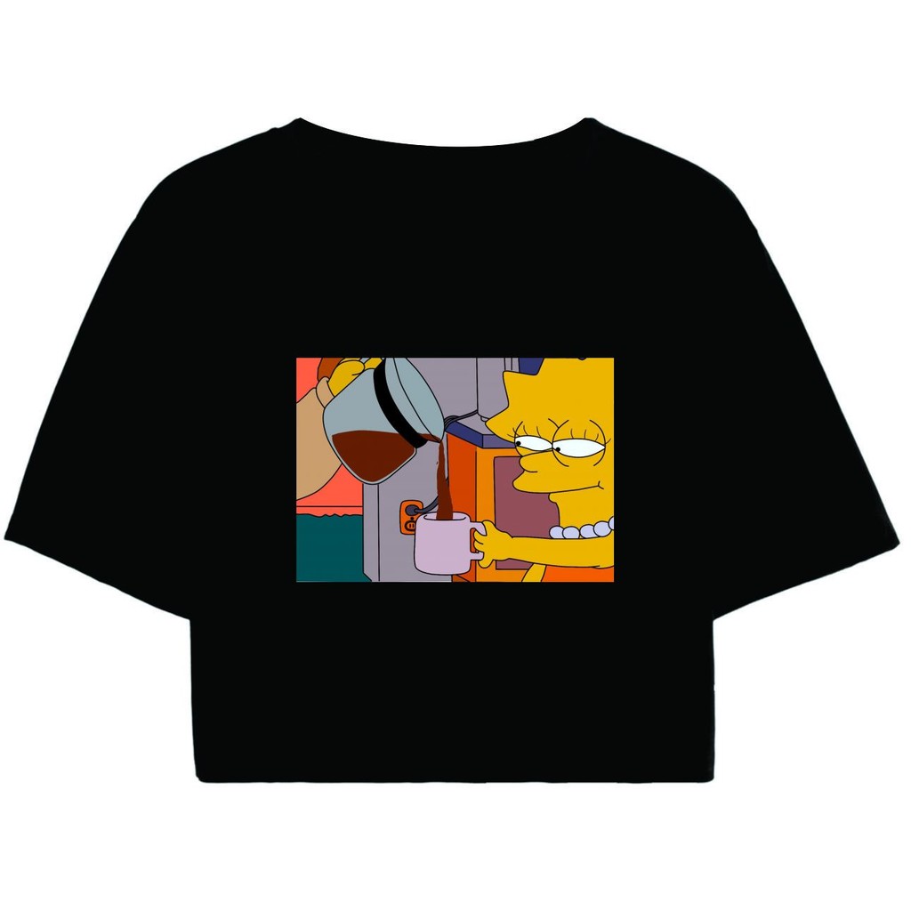 Cropped Feminino Preto Tumblr blogueira Lisa simpson cafe coffe feminina manga curta em Oferta na Shopee