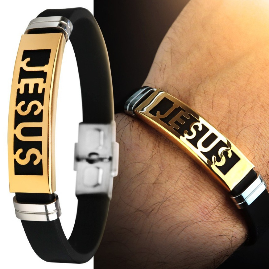 Jóia Masculina: Pulseira Dourada com Detalhes em Aço e Borracha - Resistência e Fé em Cada Elo PMPN3