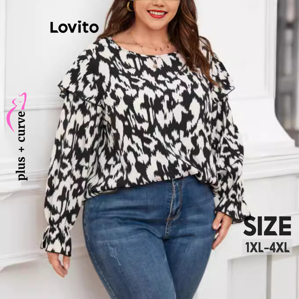 Lovito Blusa Plus Size Curva Casual Leopard Padrão para Mulher n LNL110