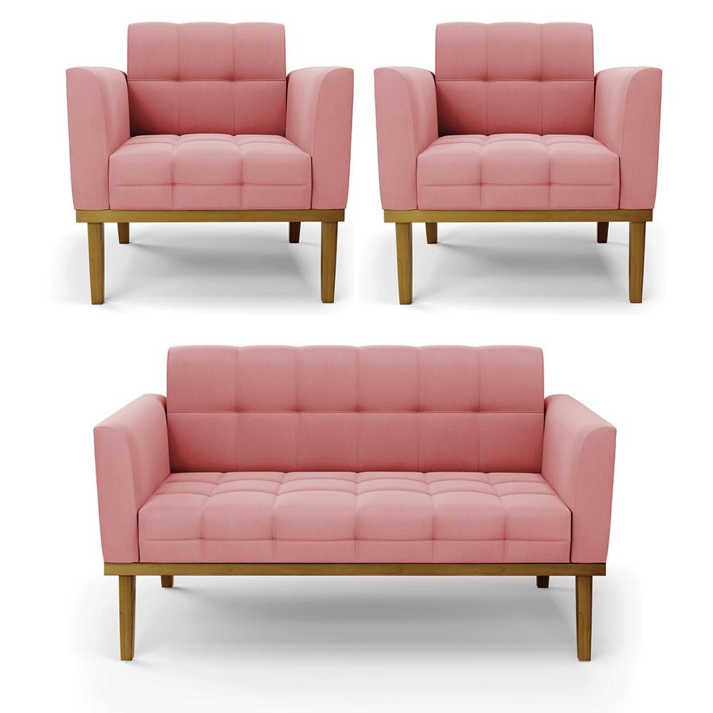 Conjunto 2 Poltronas e 1 Namoradeira Decorativa Karen Pés Fixo em Madeira Castanho Suede Rose G19