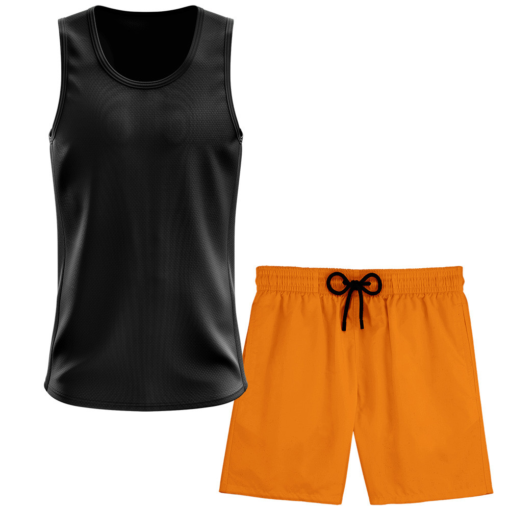 Kit Short Praia Academia Passeio Treino Laranja + Regata Masculina Lisa Básica Dry