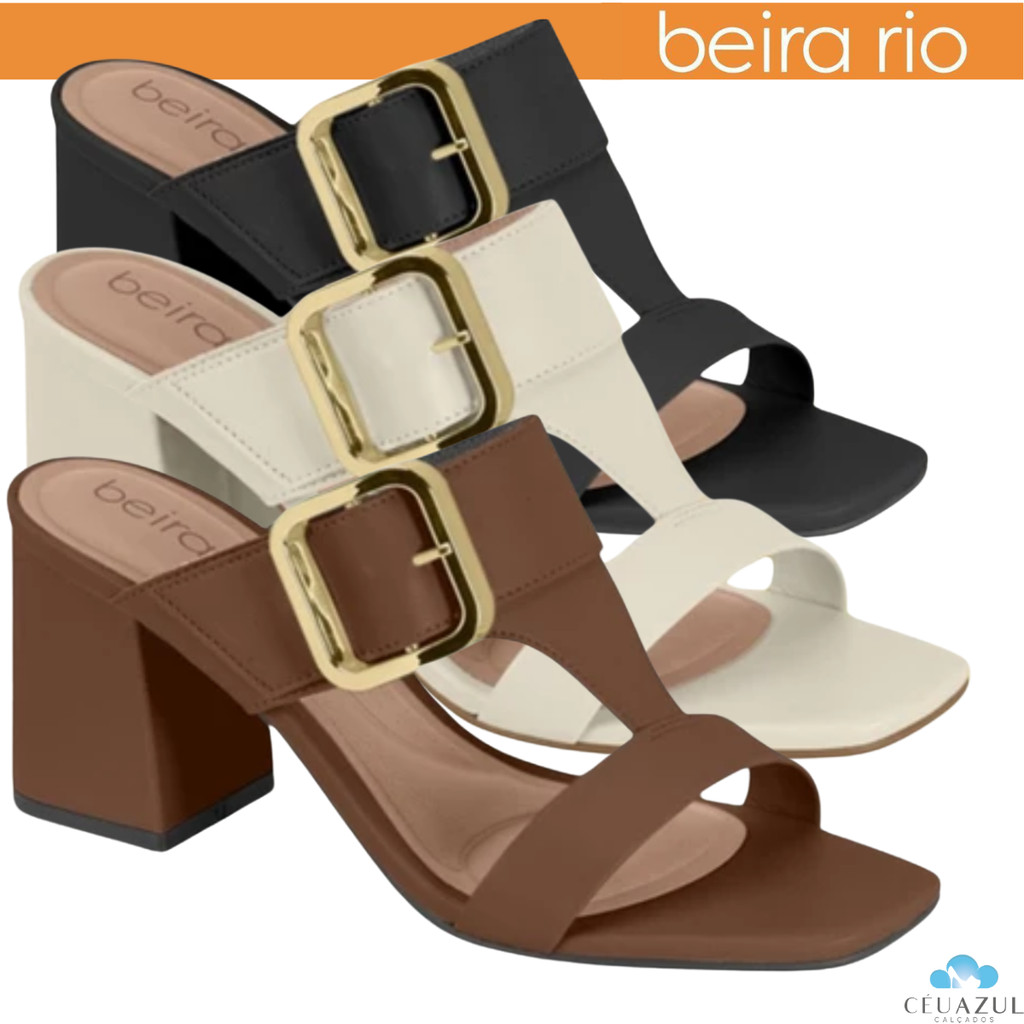 Tamanco Feminino Beira Rio Salto Bloco Confortável Fivela Dourada em Oferta na Shopee