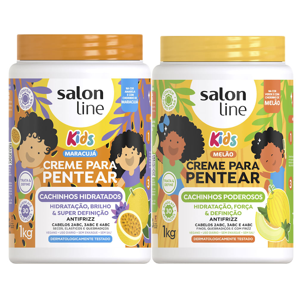 Kit Creme De Pentear Salon Line Kids Cachinhos Hidratados Maracujá 1kg + Creme De Pentear Cachinhos Poderosos Melão 1kg - Beauty